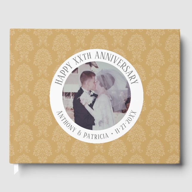 50th Wedding Anniversary Gold Photo Damask Pattern Guest Book (Front)