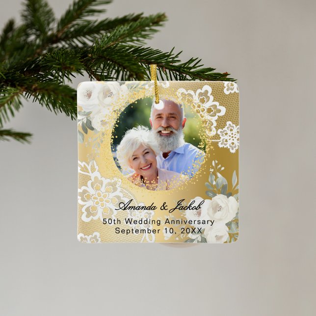 50th Wedding Anniversary gold photo florals  Metal Ornament (Creator Uploaded)