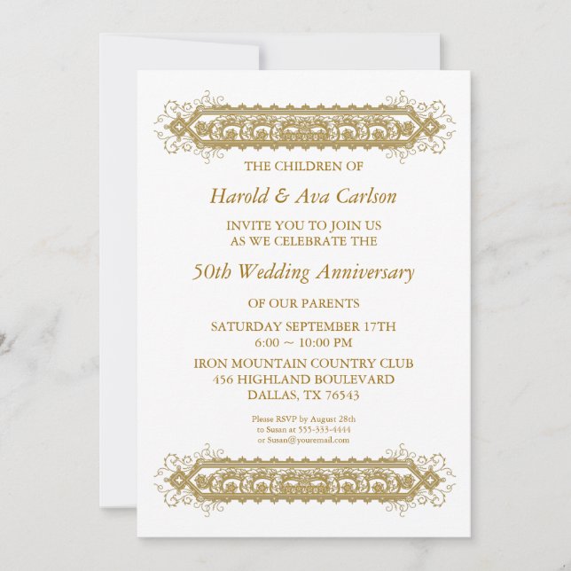 50th Wedding Anniversary Gold Scroll Party Invitation (Front)