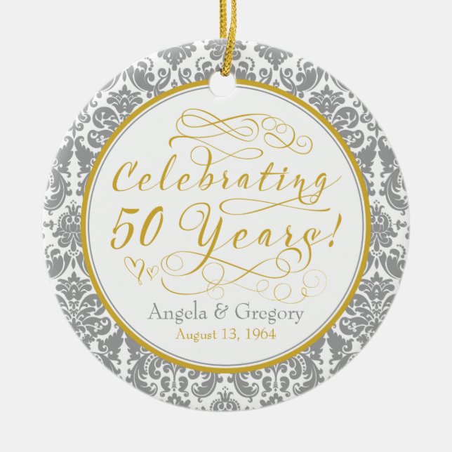 50th Wedding Anniversary Gold Silver Damask Hearts Ceramic Ornament (Front)