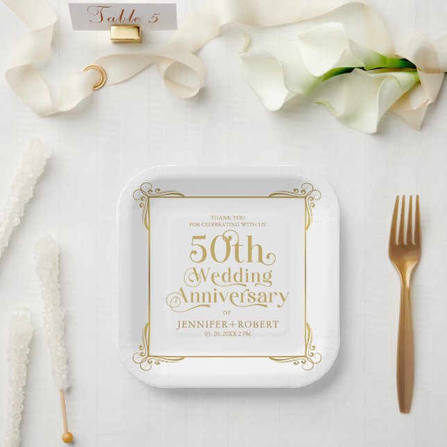 50th Wedding Anniversary Gold Typography Frame Paper Plate (Wedding)