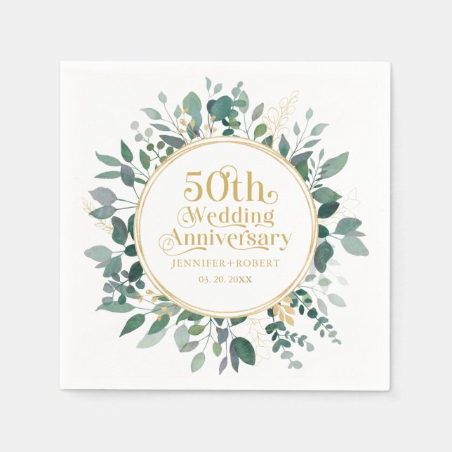 50th Wedding Anniversary Gold Typography  Greenery Napkin (Front)
