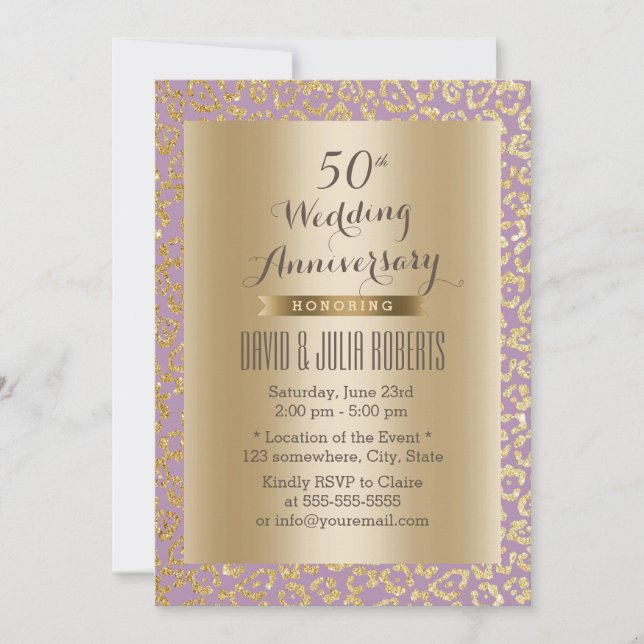 50th Wedding Anniversary Gold & Violet Leopard Invitation (Front)