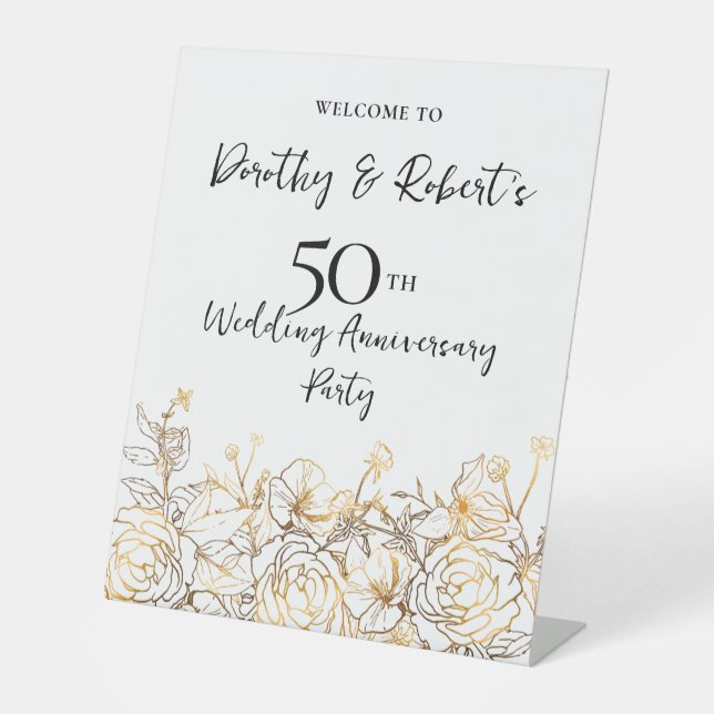 50th Wedding Anniversary Gold White Welcome Pedestal Sign (Front)
