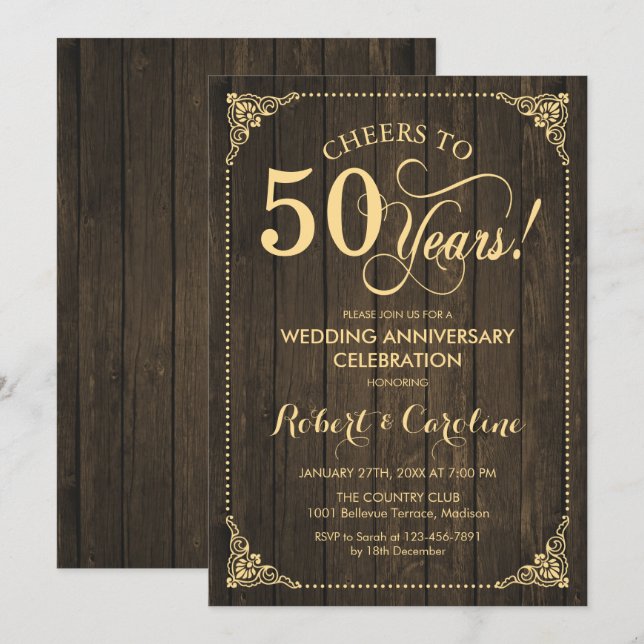 50th Wedding Anniversary - Gold Wood Invitation (Front/Back)