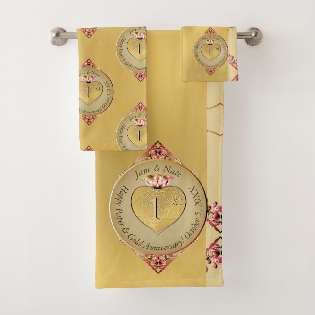 50th Wedding Anniversary Golden Bath Towel Set (Insitu)