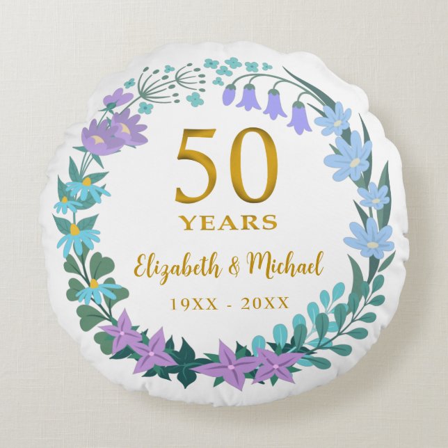 50th Wedding Anniversary Golden Floral Bluebells Round Pillow (Front)