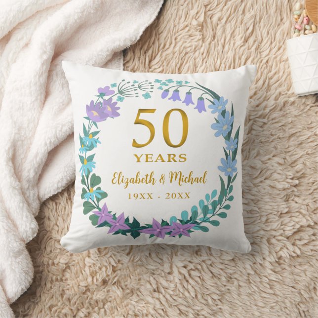 50th Wedding Anniversary Golden Floral Bluebells Throw Pillow (Blanket)