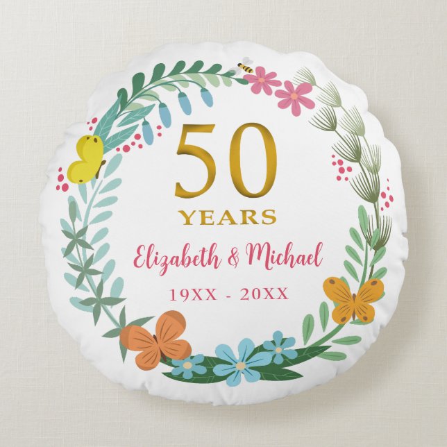 50th Wedding Anniversary Golden Floral Butterfly Round Pillow (Front)