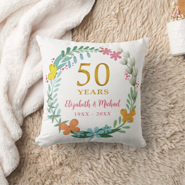 50th Wedding Anniversary Golden Floral Butterfly Throw Pillow (Blanket)
