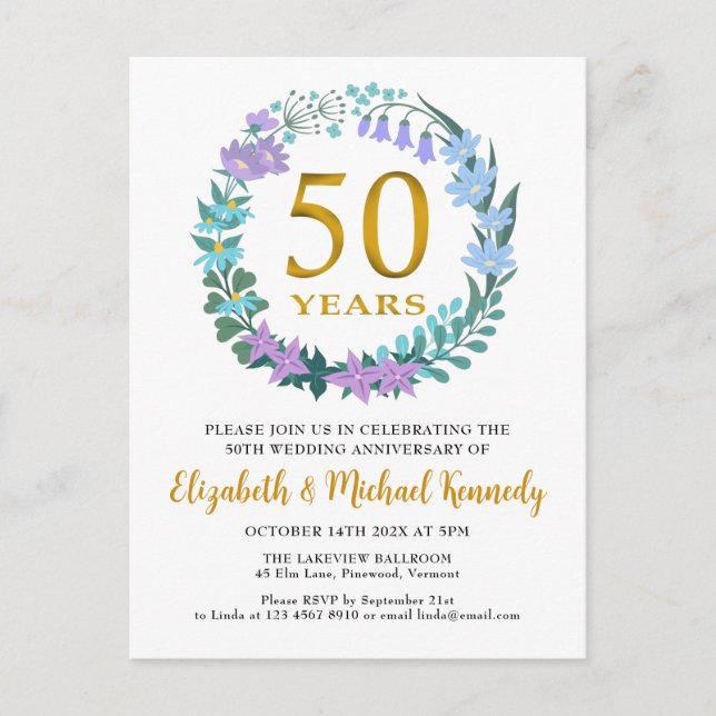 50th Wedding Anniversary Golden Floral Invitation Postcard (Front)