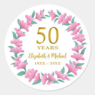 50th Wedding Anniversary Golden Floral Pink Wreath Classic Round Sticker