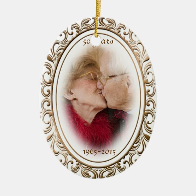 50th Wedding Anniversary Golden Frame Custom Photo Ceramic Ornament (Front)