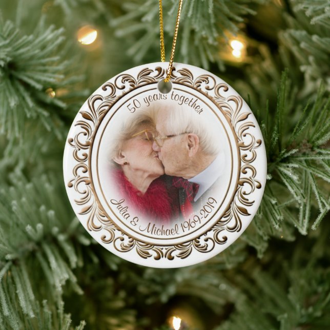 50th Wedding Anniversary Golden Frame Custom Photo Ceramic Ornament (Tree)