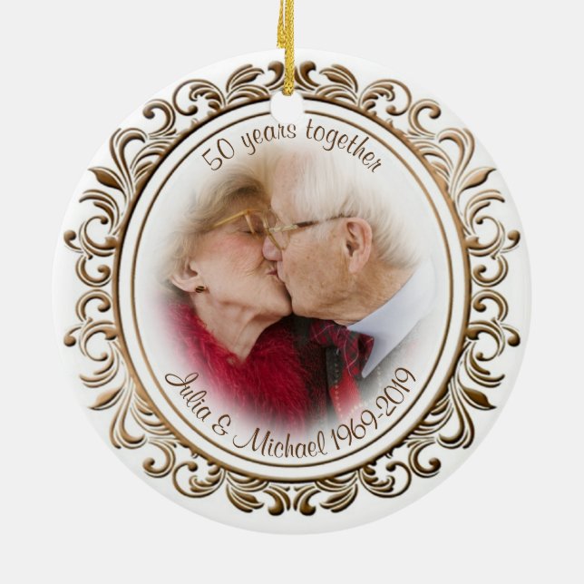 50th Wedding Anniversary Golden Frame Custom Photo Ceramic Ornament (Back)