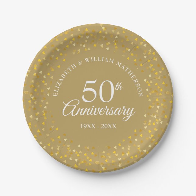 50th Wedding Anniversary Golden Love Hearts Paper Plate (Front)