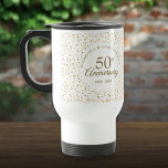 50th Wedding Anniversary Golden Love Hearts Travel Mug<br><div class="desc">Designed to coordinate with our 50th Anniversary Golden Hearts collection. Featuring delicate golden love hearts confetti. Personalise with your special fifty years golden wedding anniversary information in chic gold lettering. Designed by Thisisnotme©</div>