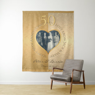 50th Wedding Anniversary Golden Photo Heart Tapest Tapestry