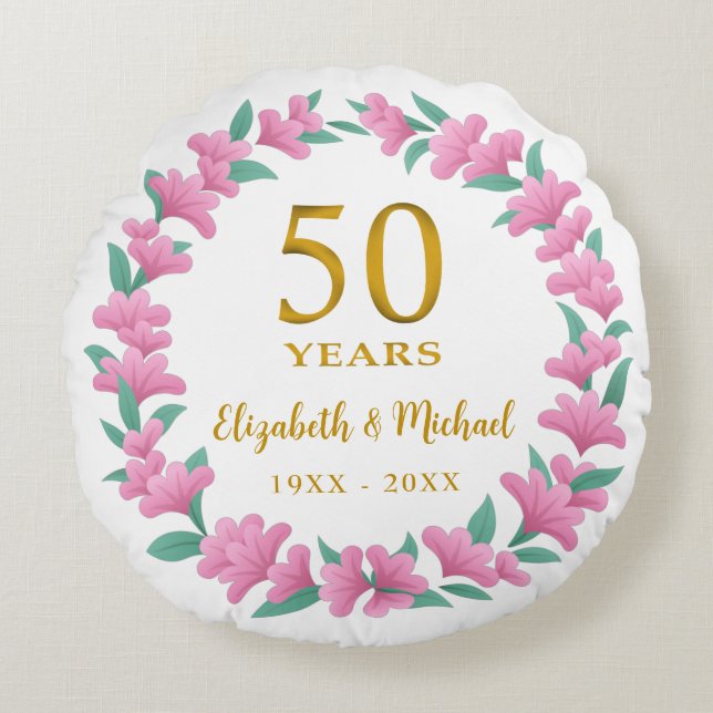 50th Wedding Anniversary Golden Pink Floral Wreath Round Pillow (Front)