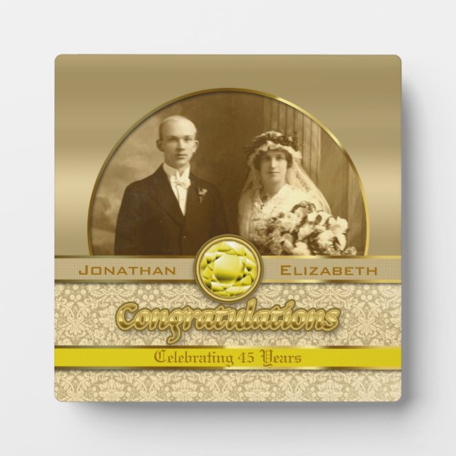 50th Wedding Anniversary Golden Topaz Damask Photo Plaque (Front)