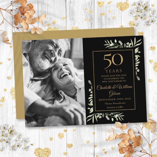 50th Wedding Anniversary Greenery Black Gold Photo Save The Date (50th Wedding Anniversary Greenery Black Gold Photo Save The Date)