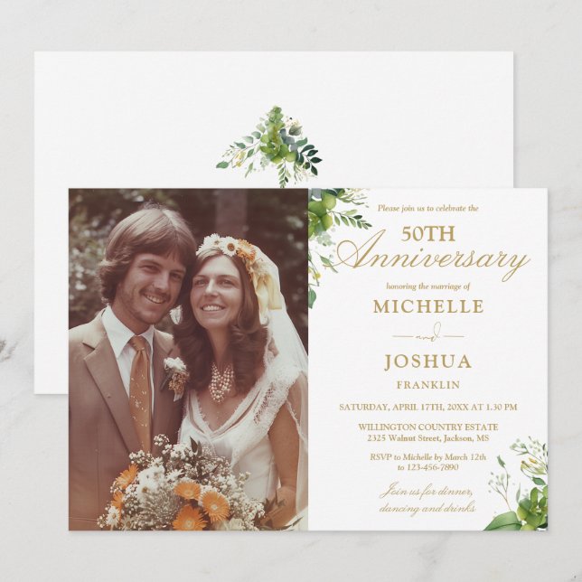50th Wedding Anniversary Greenery Gold Photo Invitation (Front/Back)