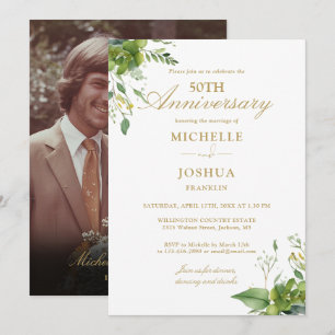50th Wedding Anniversary Greenery Gold Photo Invitation