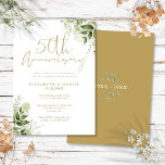 50th Wedding Anniversary Greenery Gold Script Invitation<br><div class="desc">This elegant botanical greenery leaves 50th wedding anniversary invitation can be personalized with your information in chic gold typography with your special dates on the reverse. Designed by Thisisnotme©</div>