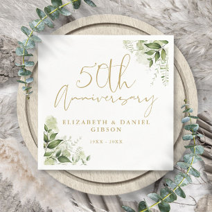 50th Wedding Anniversary Greenery Gold Script Napkin