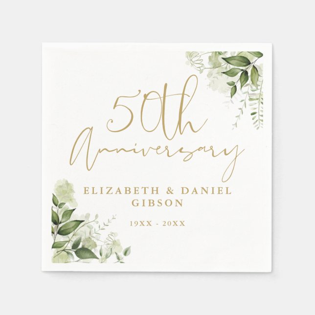 50th Wedding Anniversary Greenery Gold Script Napkin (Front)