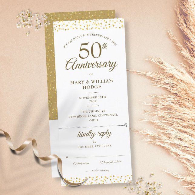 50th Wedding Anniversary Heart Confetti RSVP Invitation (Creator Uploaded)