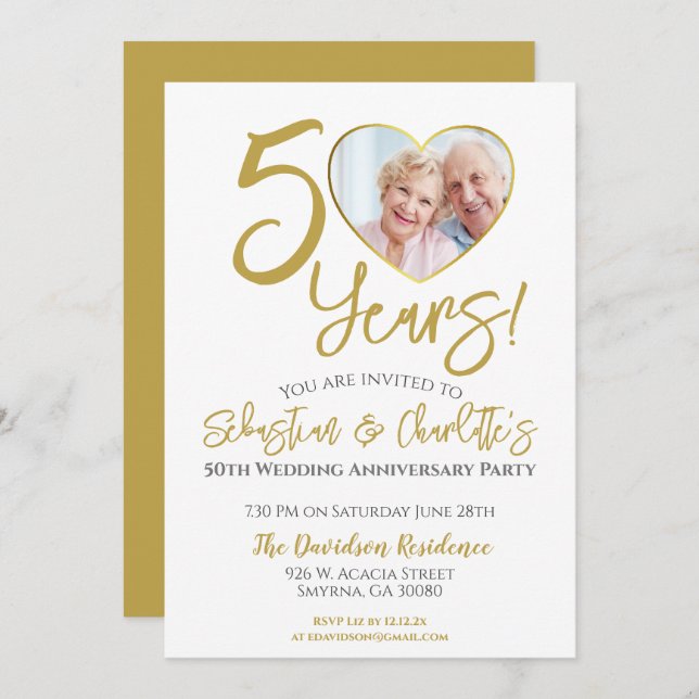 50th Wedding Anniversary Heart Photograph Invitation (Front/Back)