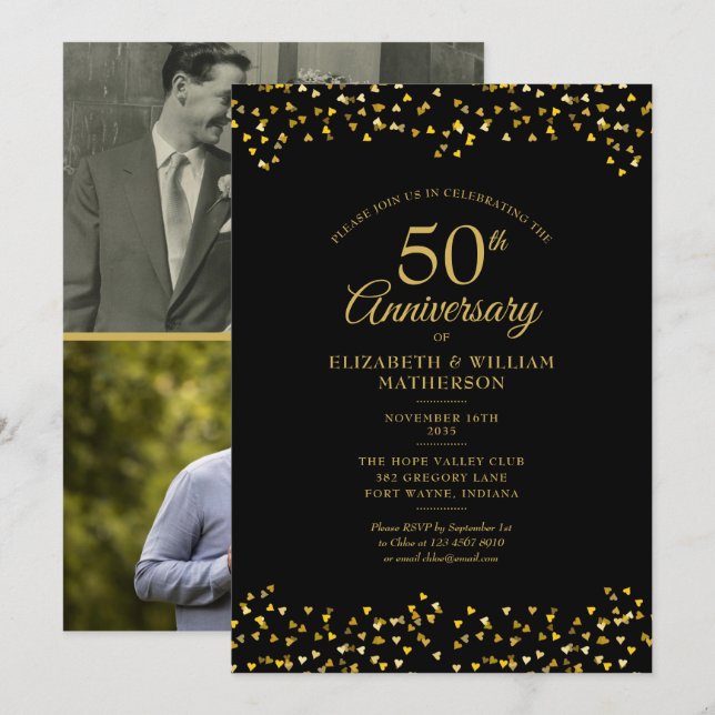50th Wedding Anniversary Love Hearts 2 Photo Invitation (Front/Back)