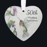 50th Wedding Anniversary Lovely Bird Flowers Heart Ornament<br><div class="desc">Celebrate your 50th anniversary with a lovely hummingbird and flowers heart ornament. The sweet bird and garden flowers were designed with soft colors of grey, green, cream and pink. The stylish and fashionable keepsake is full ol love, joy and happy wishes. Personalize the back of the ornament for your special...</div>