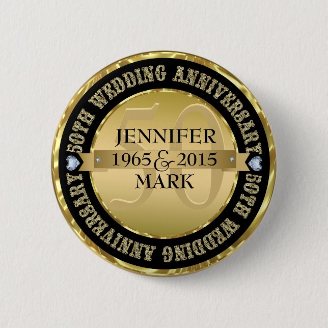 50Th Wedding Anniversary Metallic Gold & Black 2 2 Inch Round Button (Front)