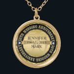 50Th Wedding Anniversary Metallic Gold & Black 2 Gold Plated Necklace<br><div class="desc">Elegant 50th wedding anniversary commemorative necklace with customizable text. Metallic gold and black. White diamonds accents.</div>