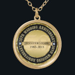 50Th Wedding Anniversary Metallic Gold & Black 2 Gold Plated Necklace<br><div class="desc">Elegant 50th wedding anniversary commemorative necklace with customizable text. Metallic gold and black. White diamonds accents.</div>