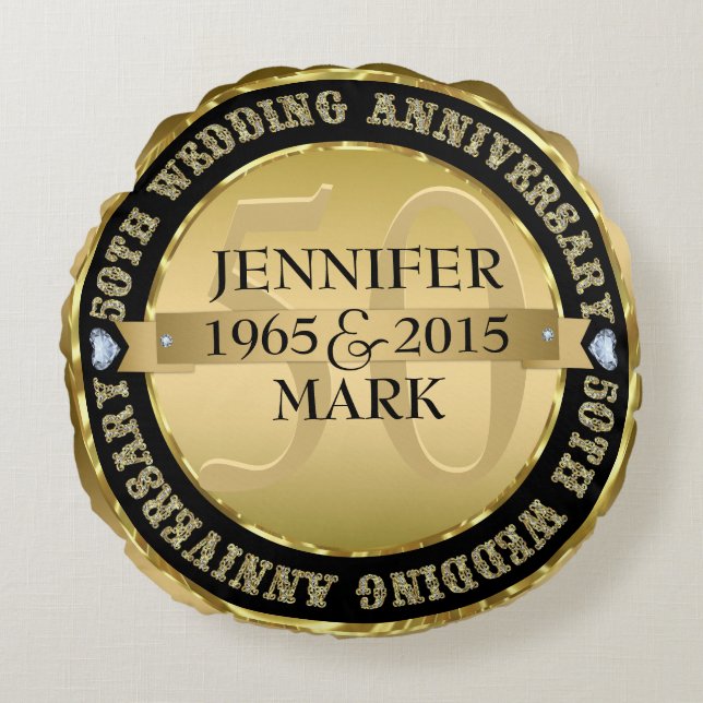 50Th Wedding Anniversary Metallic Gold & Black 2 Round Pillow (Front)
