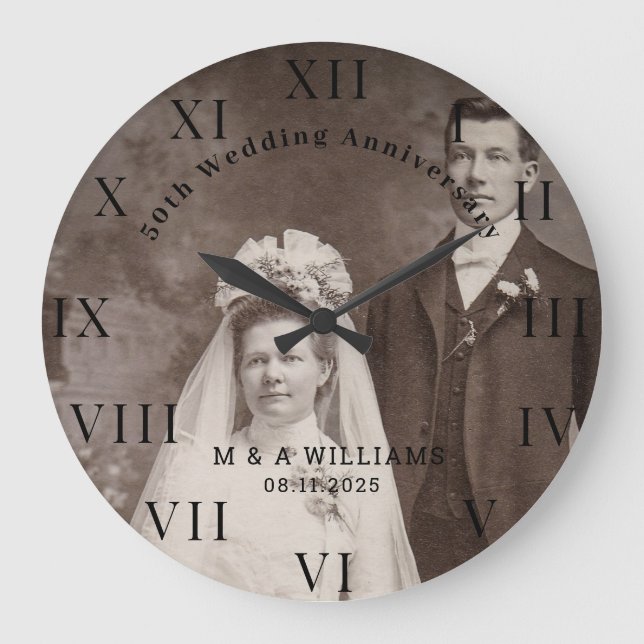 50th Wedding Anniversary Modern Elegant Photo  Large Clock (Front)