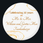 50th Wedding Anniversary Party Gold and white Magnet<br><div class="desc">Celebrate your 50th Golden Wedding Anniversary in style with our exquisite metallic gold swirl magnet! This elegant piece is a wonderful addition to any refrigerator, representing the brilliance of five decades of love. Pair it with your invitations or gift to loved ones after your anniversary celebration. Enhance your event by...</div>
