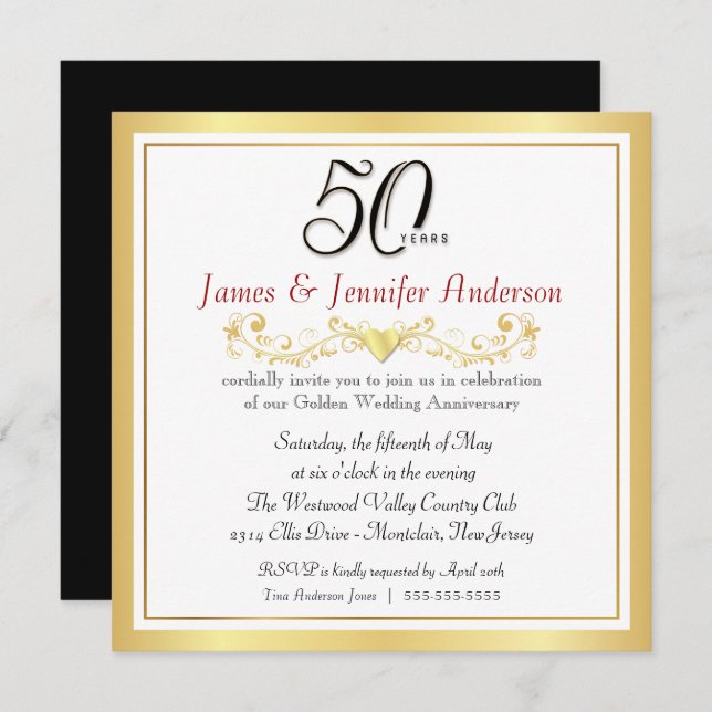 50th Wedding Anniversary Party Gold Invitations (Front/Back)