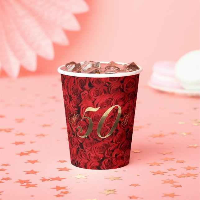50th Wedding Anniversary Party Red Roses Elegant Paper Cups (Insitu)