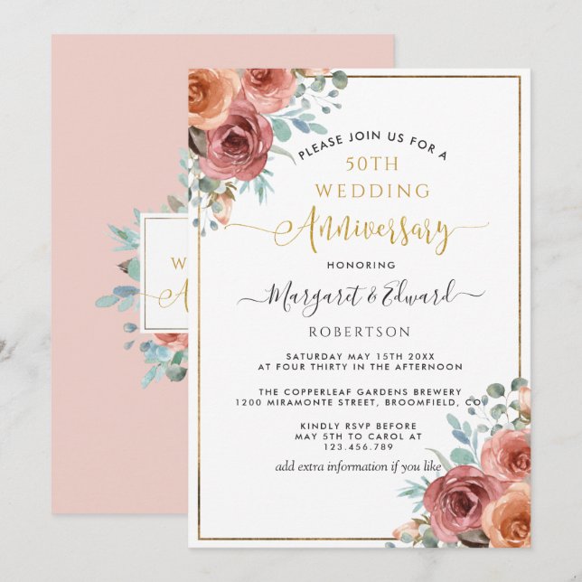 50th Wedding Anniversary, Peach and Mint Floral Invitation (Front/Back)
