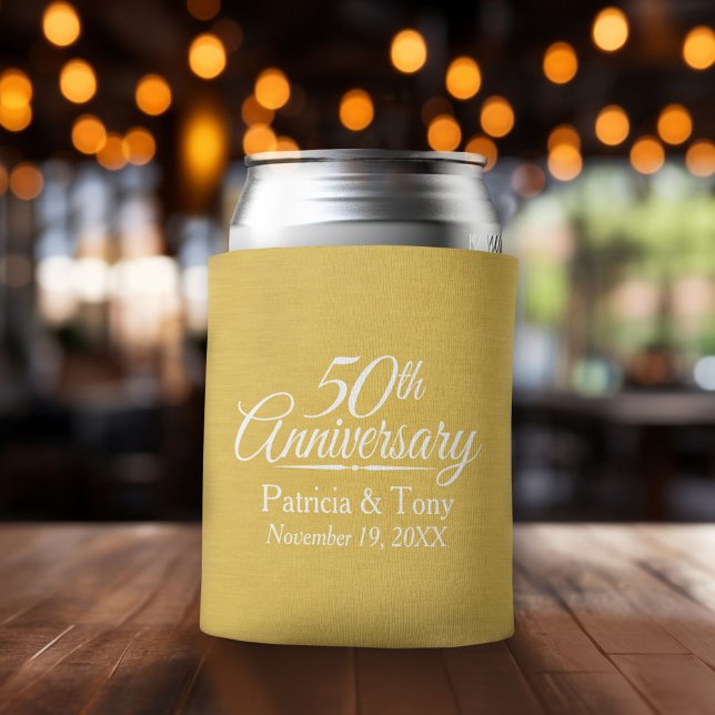 50th Wedding Anniversary Personalized Golden Can Cooler (50th Wedding Anniversary Can Cooler - Personalize with names and dates)