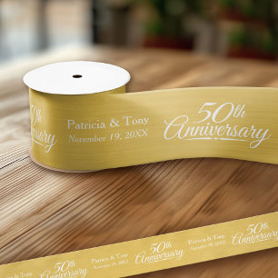 50th Wedding Anniversary Personalized Golden Satin Ribbon
