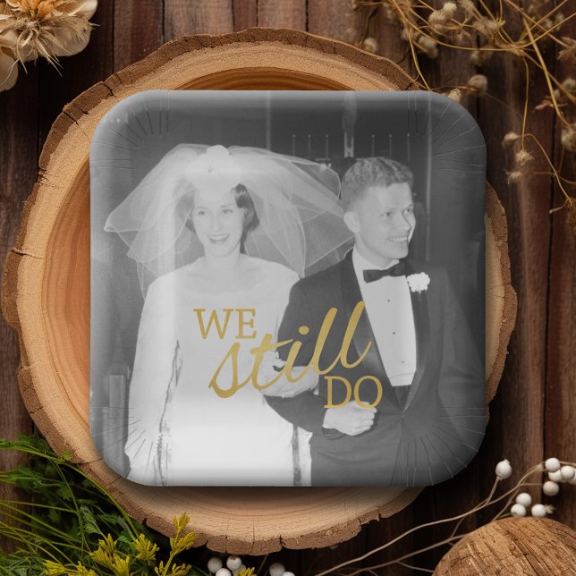 50th Wedding Anniversary Personalized Photo Golden Paper Plate (Personalized wedding anniversary plate with a photo)