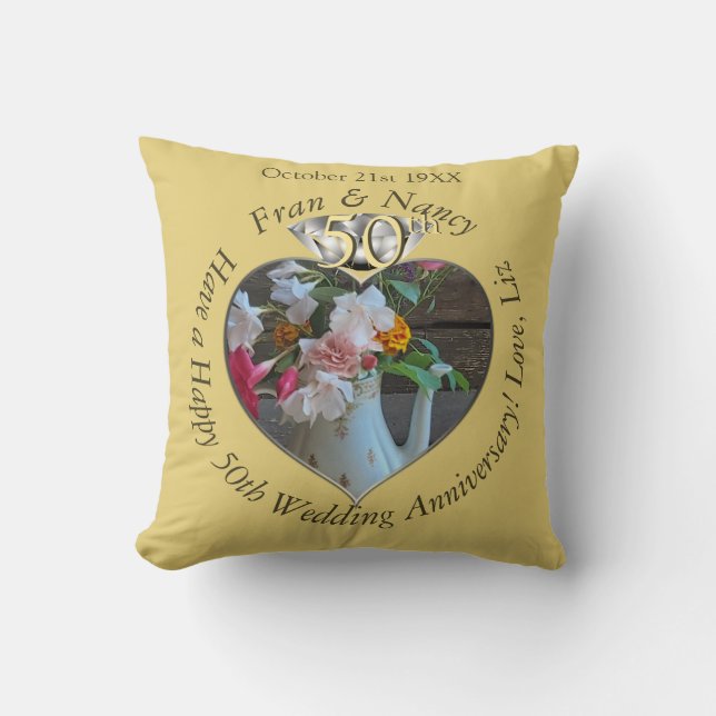 50th Wedding Anniversary Photo Diamond Heart Throw Pillow (Front)