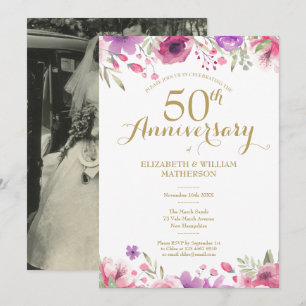 50th Wedding Anniversary Photo Watercolor Roses Invitation