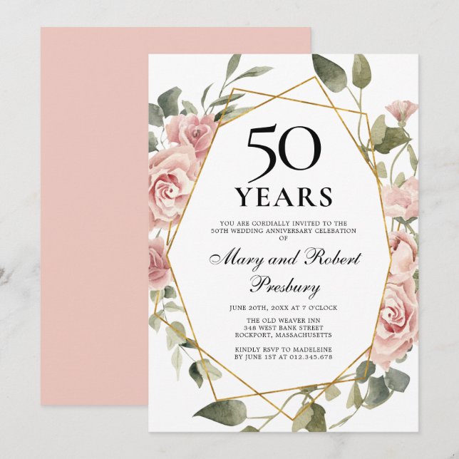 50th Wedding Anniversary Pink Rose Floral Invitation (Front/Back)