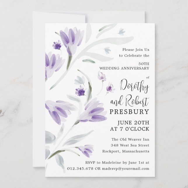 50th Wedding Anniversary Purple Floral Invitation (Front)